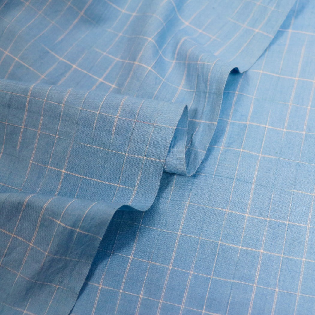blue and white yarn-dyed check handloom cotton fabric