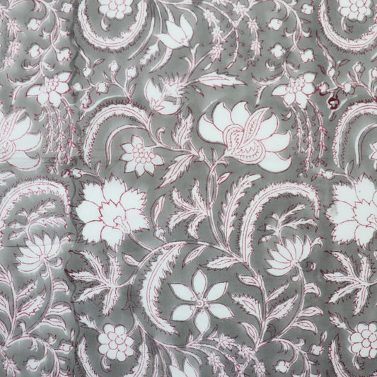 gray and white floral block print cotton fabric