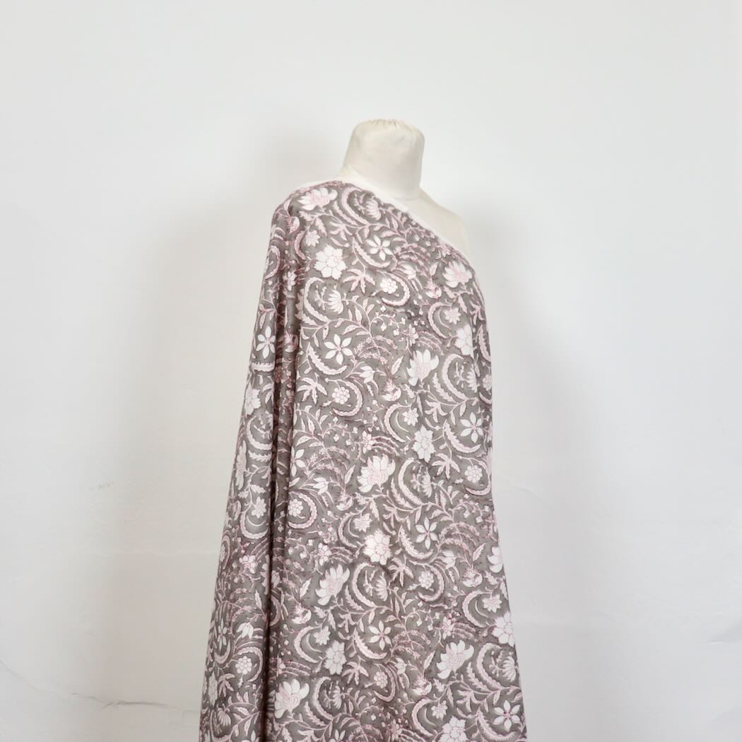 gray and white floral block print cotton fabric