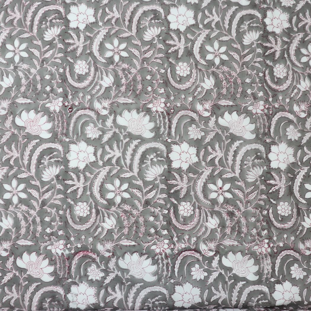 gray and white floral block print cotton fabric