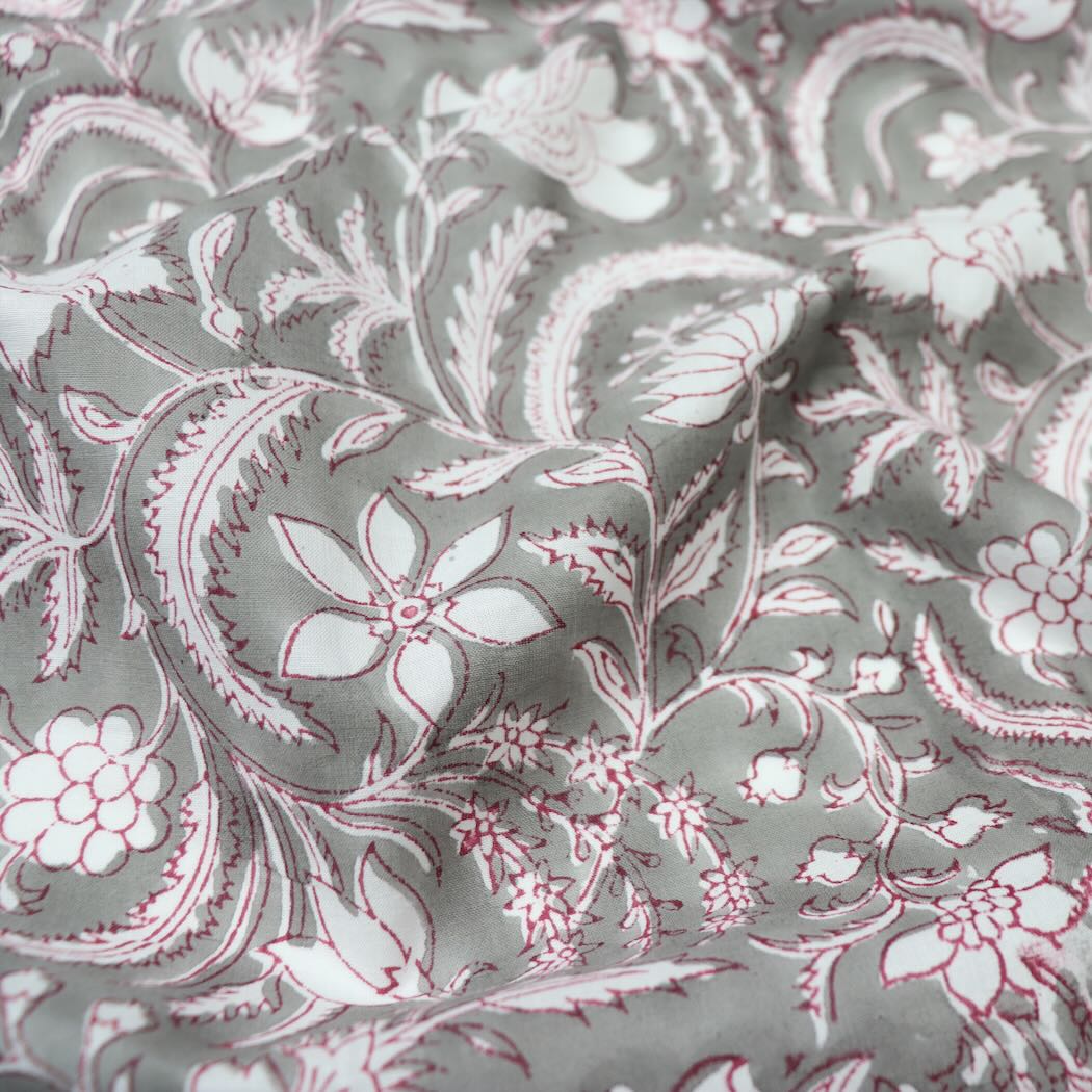 gray and white floral block print cotton fabric