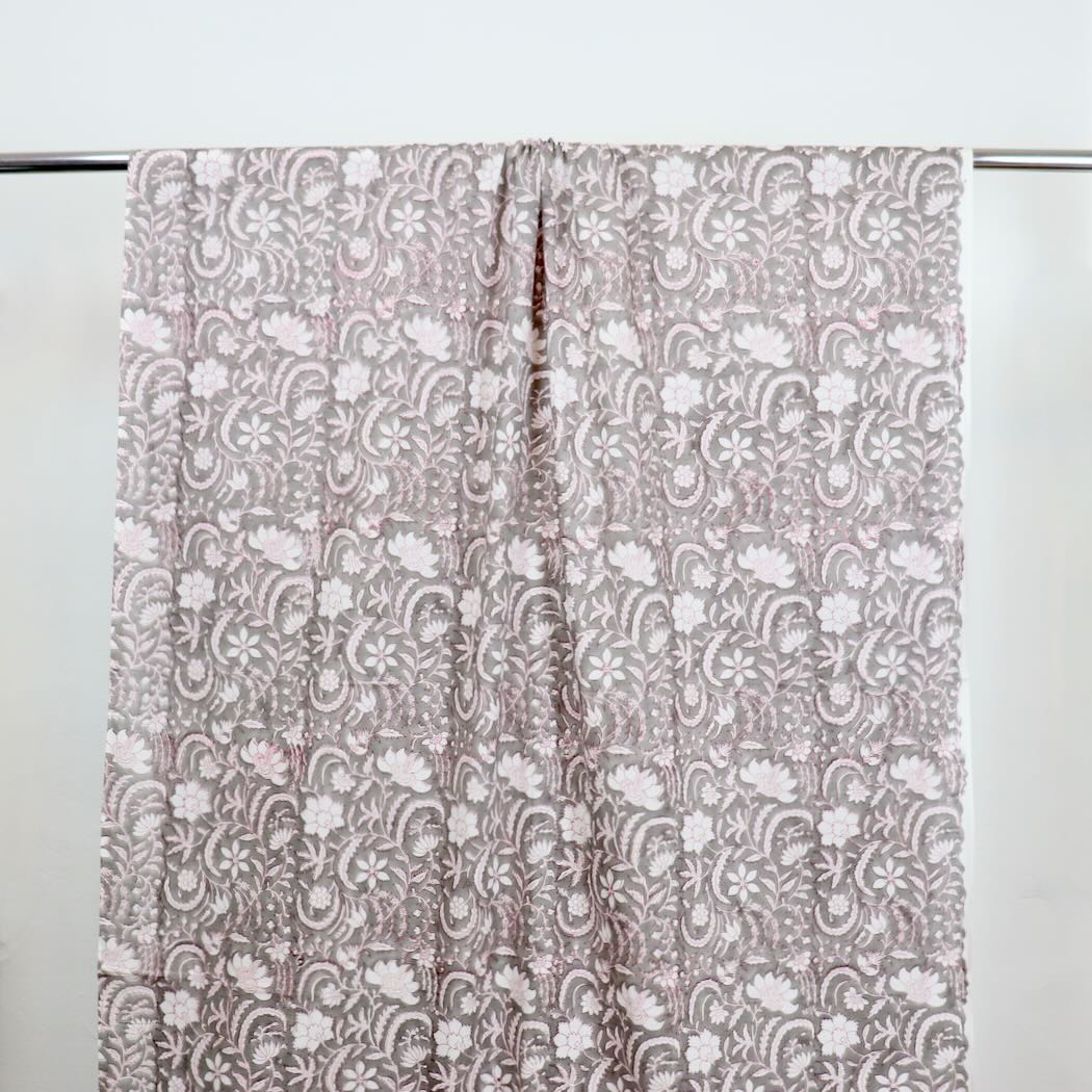 gray and white floral block print cotton fabric