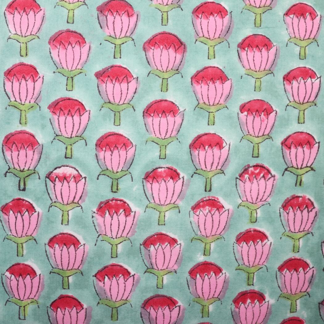 blue and pink floral block print cotton fabric