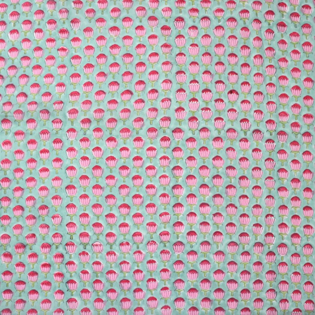 blue and pink floral block print cotton fabric
