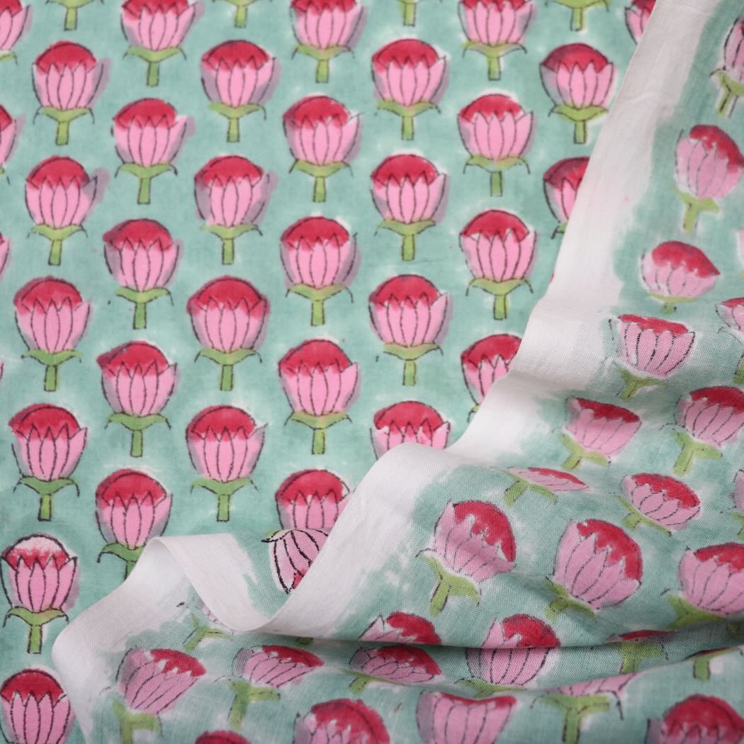 blue and pink floral block print cotton fabric