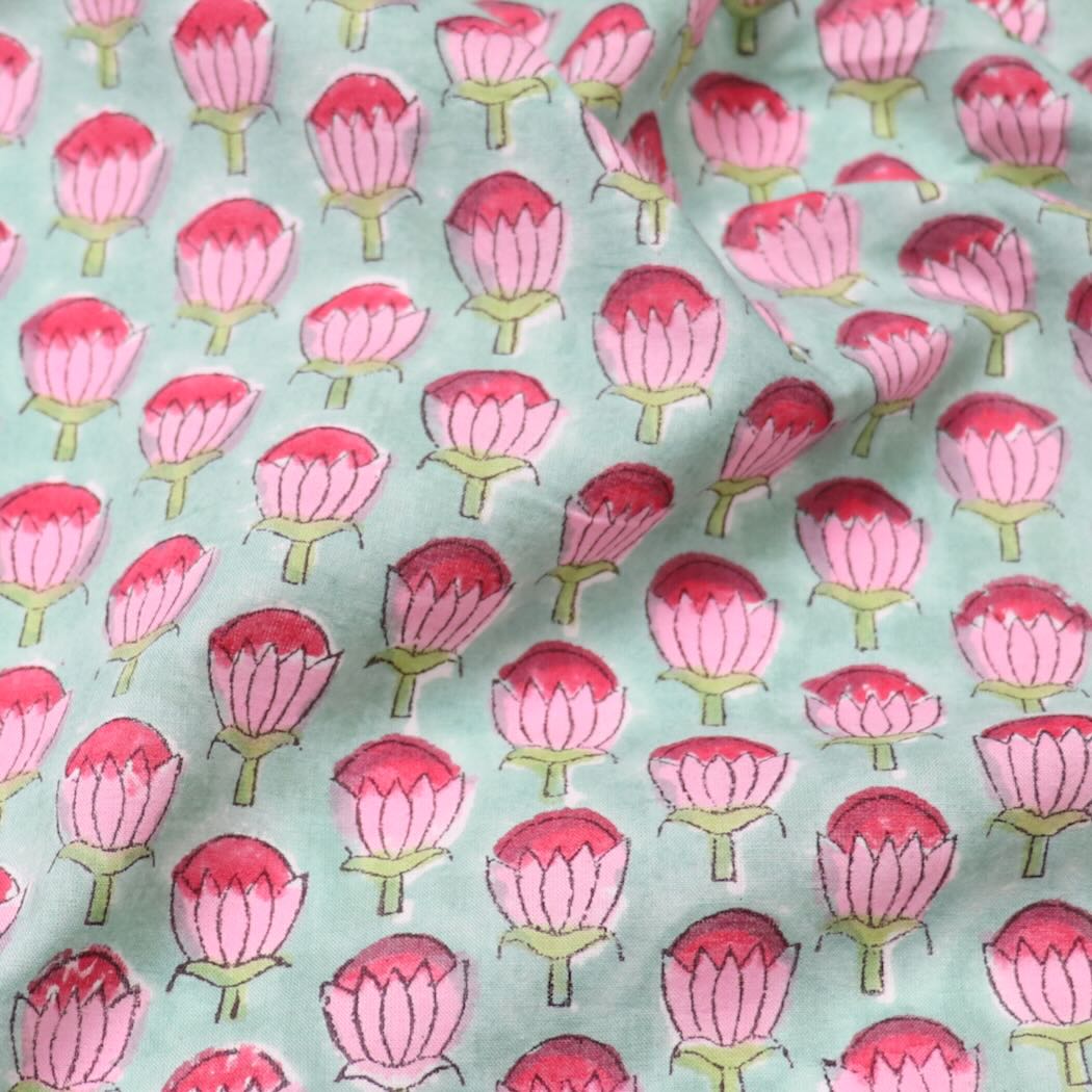 blue and pink floral block print cotton fabric