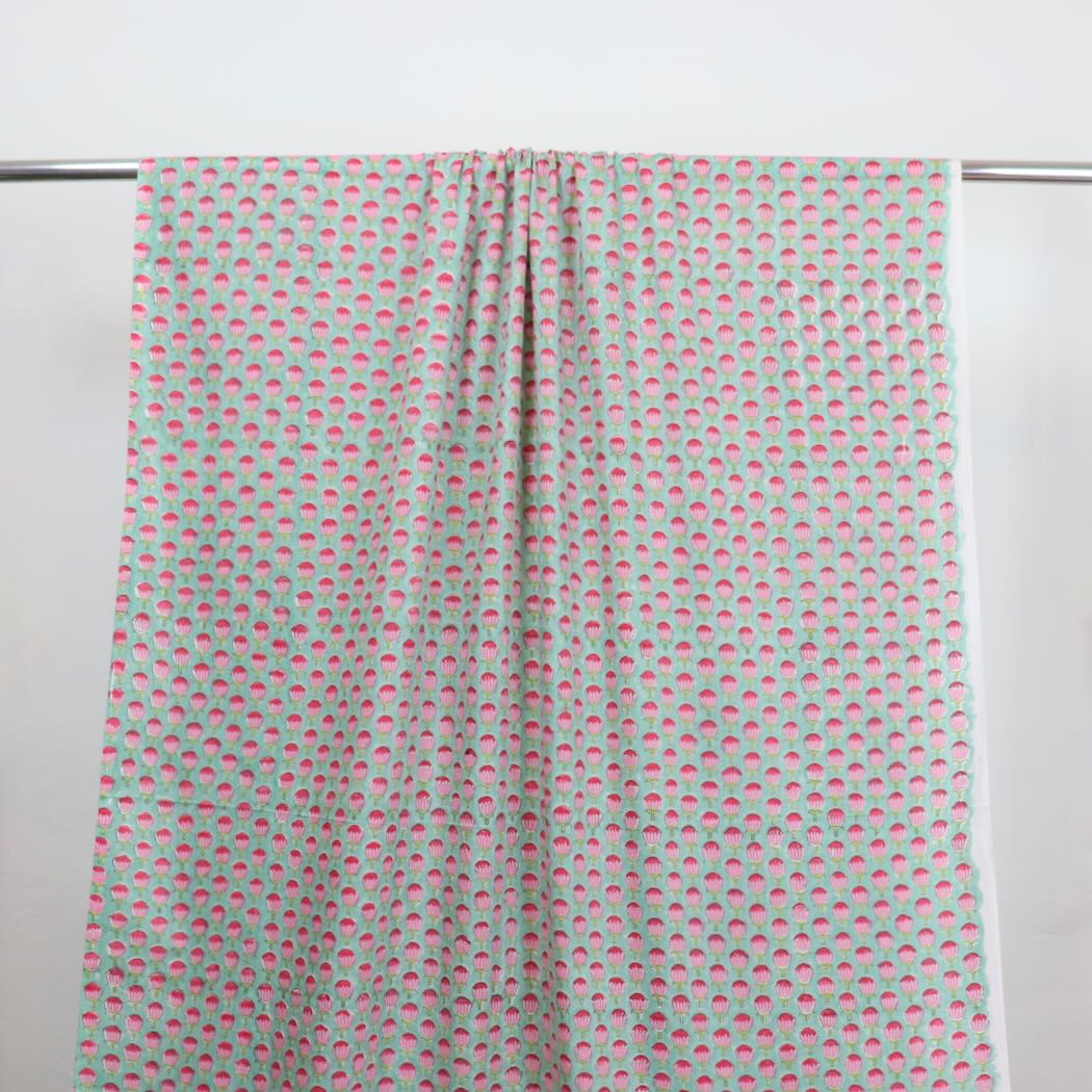 blue and pink floral block print cotton fabric