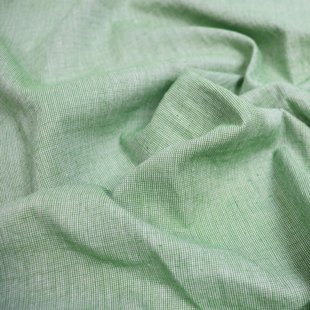 green and white yarn dyed micro check handloom cotton fabric