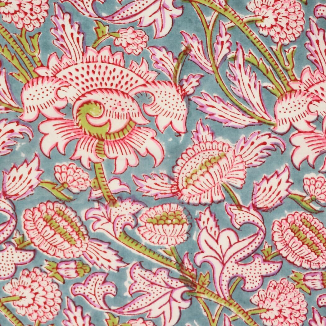 blue and white floral block print cotton fabric