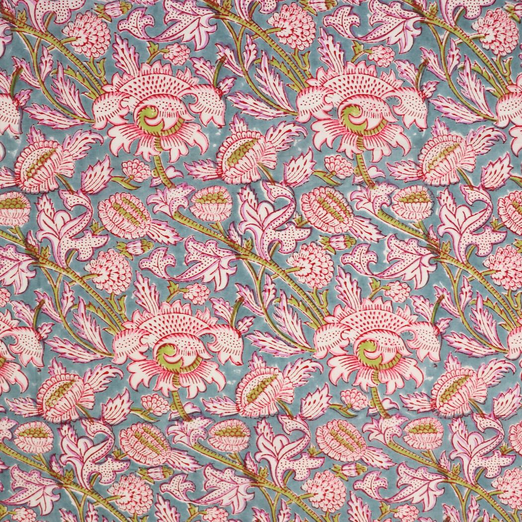 blue and white floral block print cotton fabric