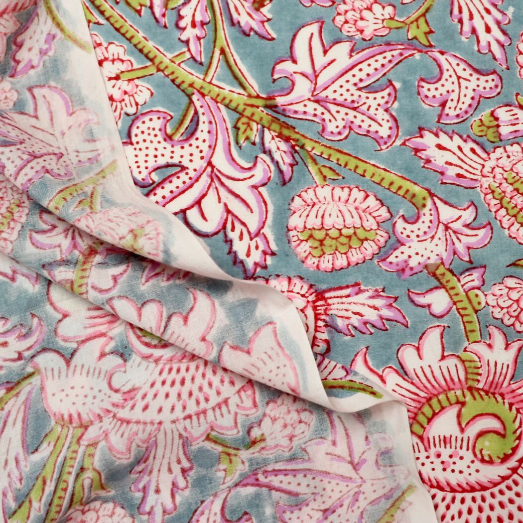 blue and white floral block print cotton fabric