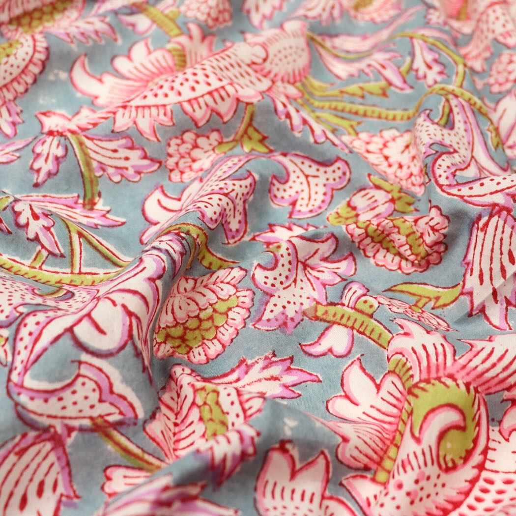 blue and white floral block print cotton fabric