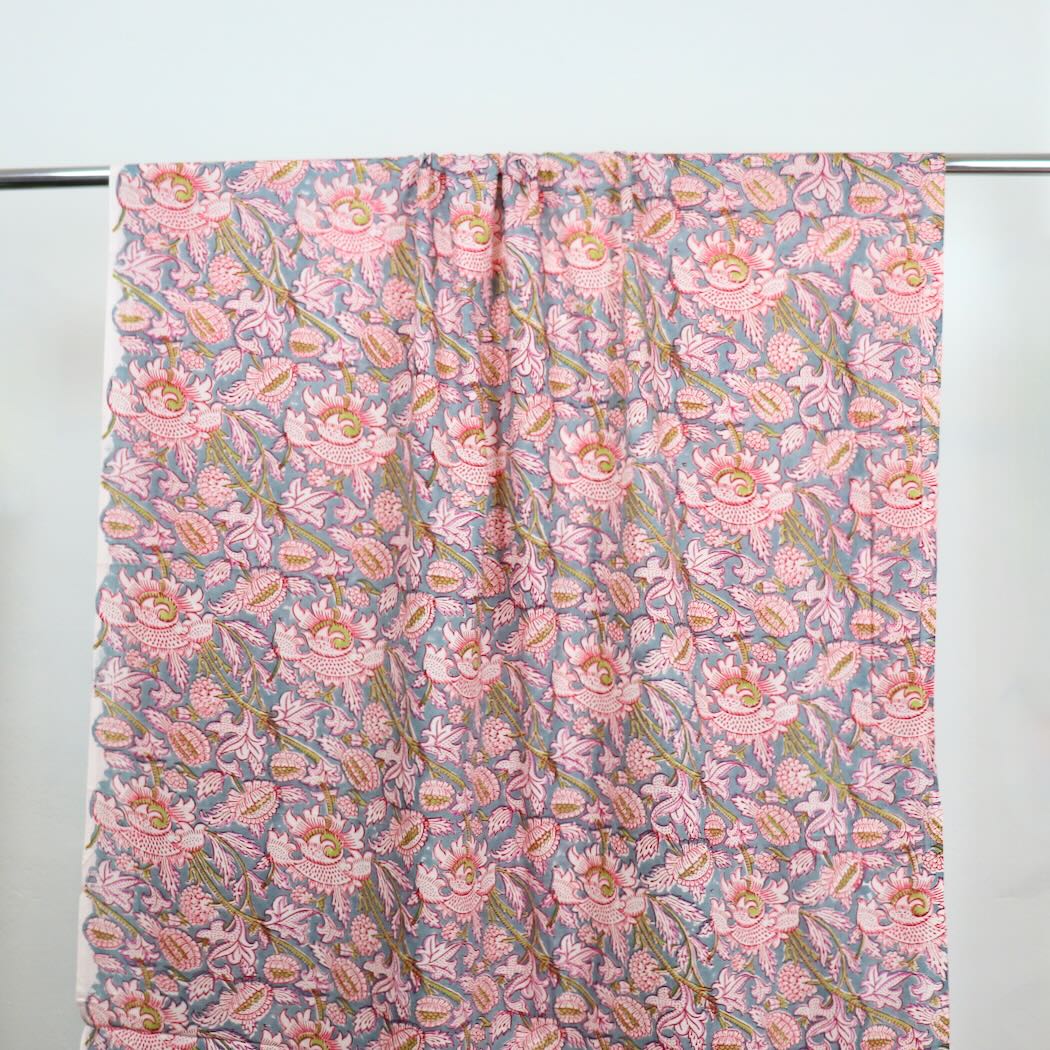 blue and white floral block print cotton fabric