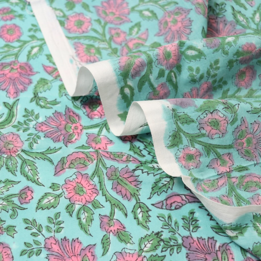 blue floral hand block print Jaipur cotton fabric