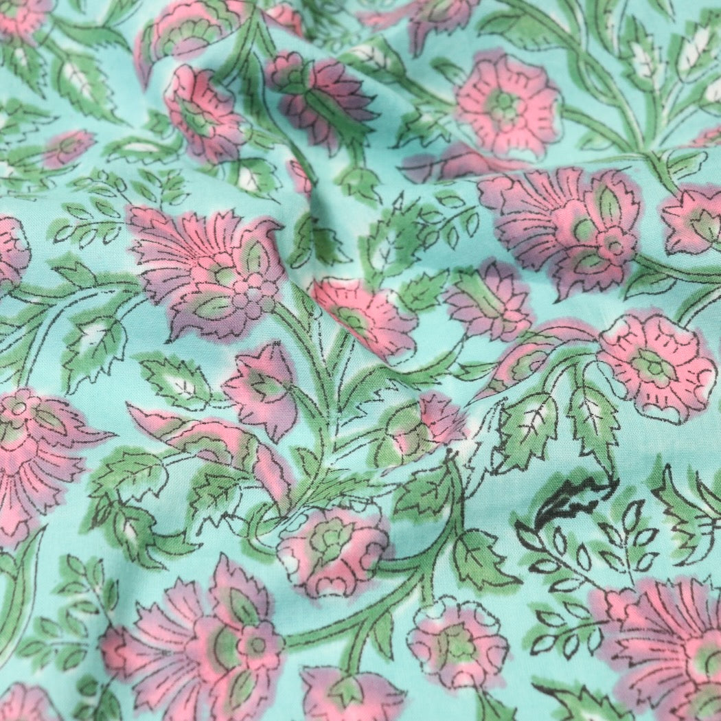 blue floral hand block print Jaipur cotton fabric