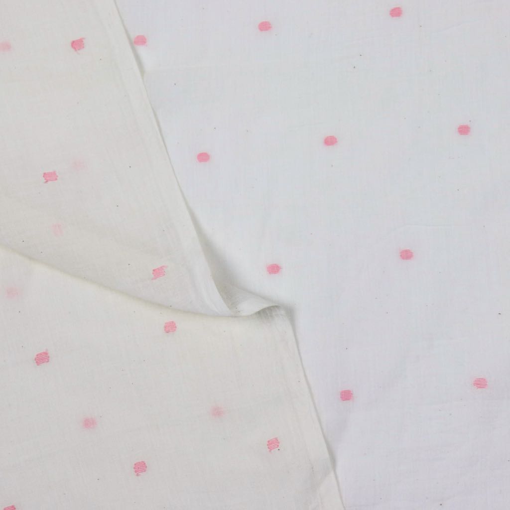 pink dots on white cotton jamdani fabric