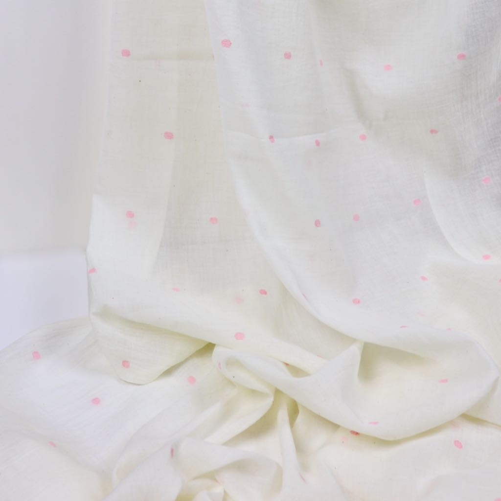 pink dots on white cotton jamdani fabric