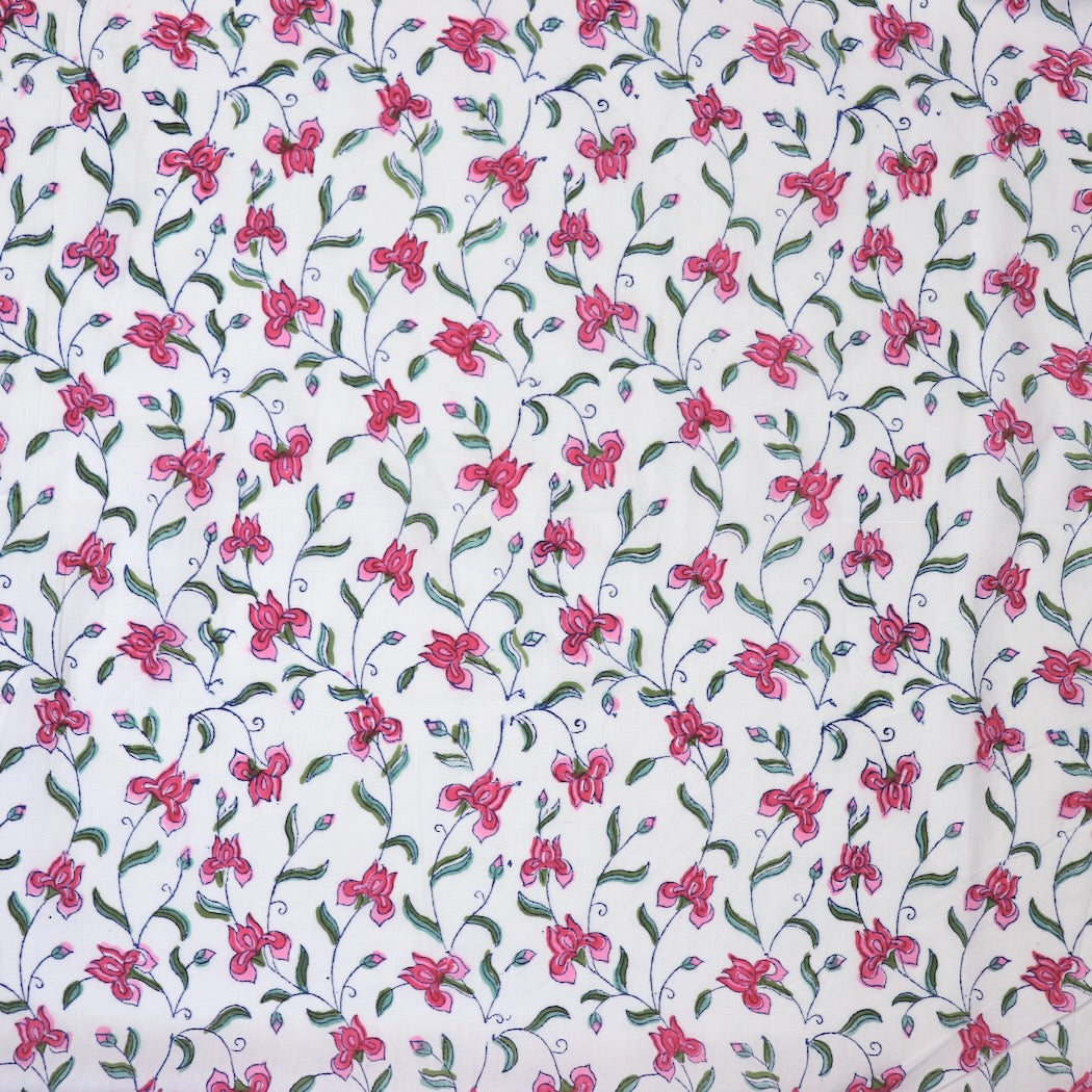pink iris hand block printed cotton fabric