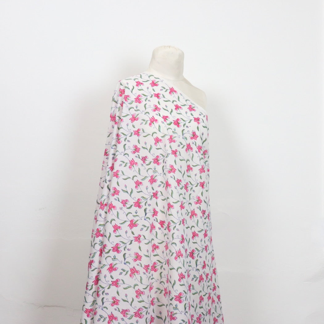 pink iris hand block printed cotton fabric