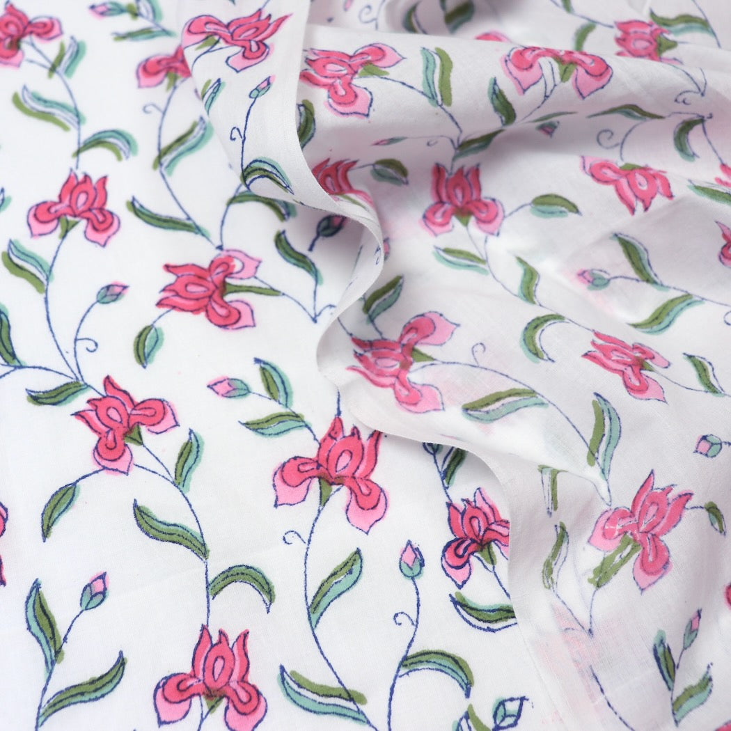 pink iris hand block printed cotton fabric