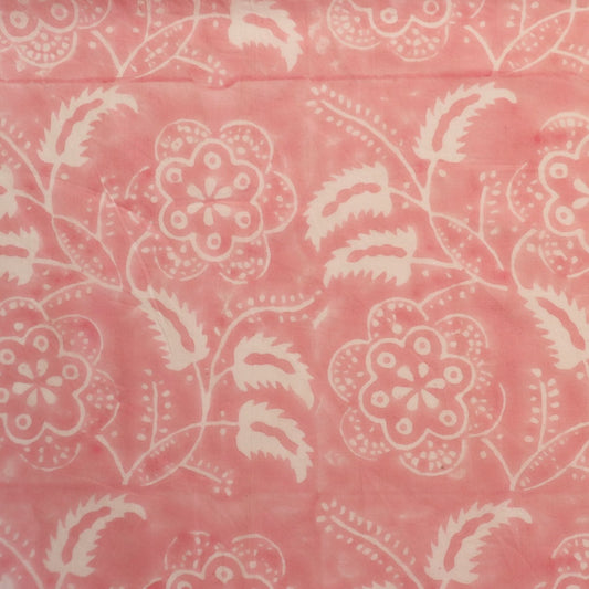 pink and white block printed cotton fabric floral design for quilting and sewing