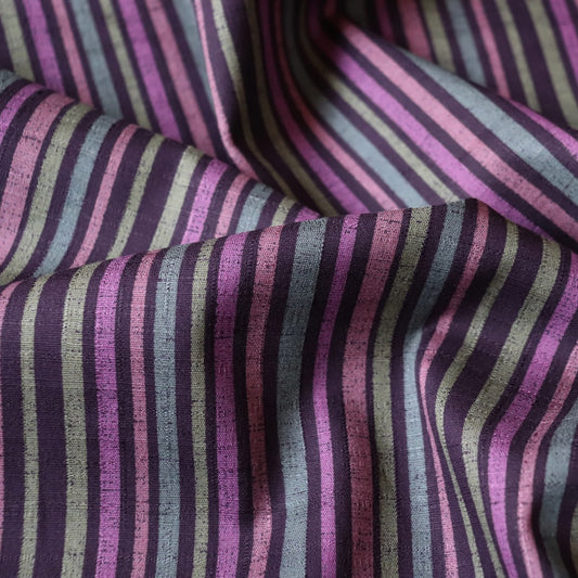 textured dobby weave cotton fabric with dark purple and green stripes on black made in Japan 