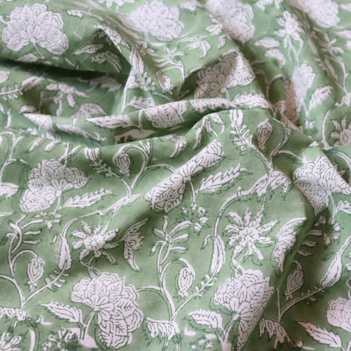 Gentle Green Floral Block Print Cotton