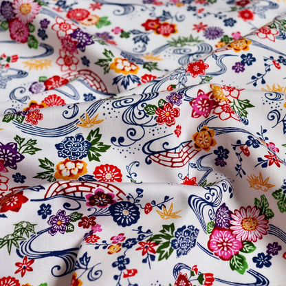 bingata style floral print cotton fabric from Japan primary colors on white