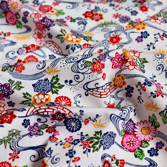 bingata style floral print cotton fabric from Japan primary colors on white