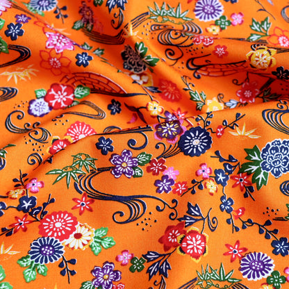 bingata style floral print cotton fabric from Japan orange and blue