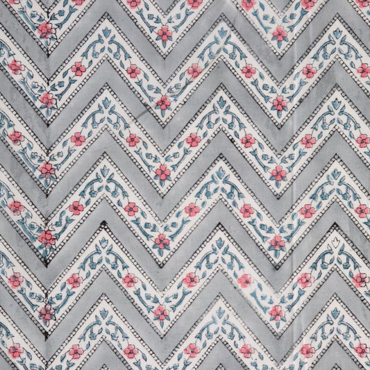 gray and white Zig-zag striped cotton fabric with pink flowers made in Jaipur