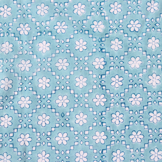 aqua blue with white flowers hand printed cotton fabric for sewing and quilting