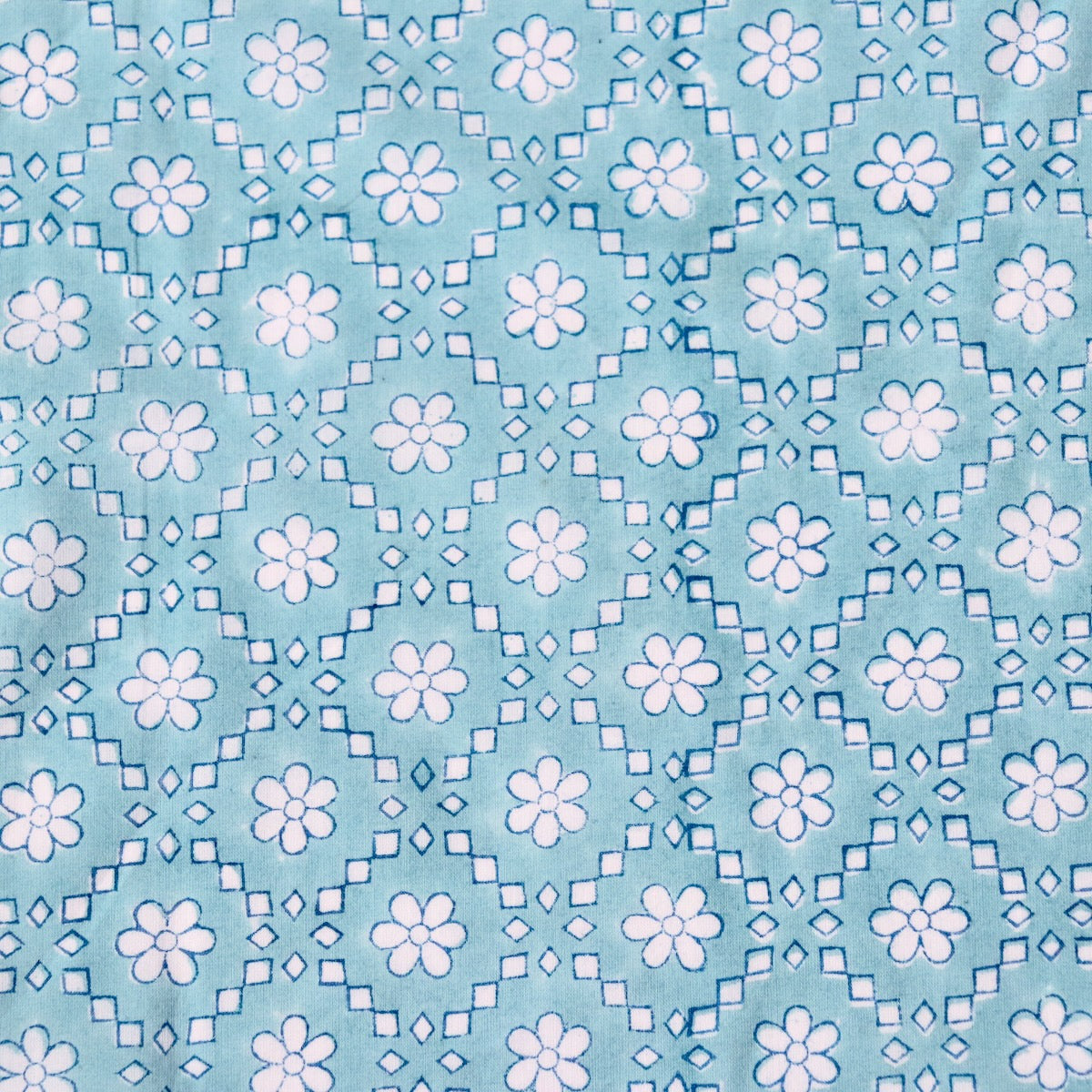 aqua blue with white flowers hand printed cotton fabric for sewing and quilting