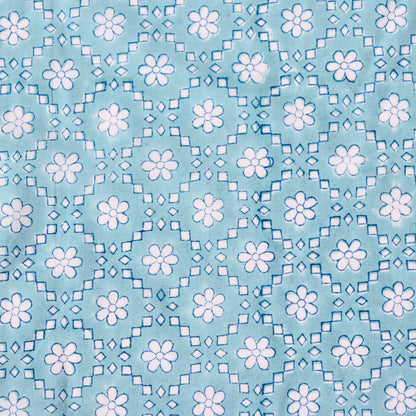 aqua blue with white flowers hand printed cotton fabric for sewing and quilting