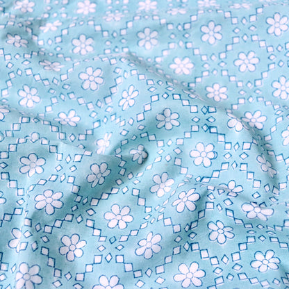 aqua blue with white flowers hand printed cotton fabric for sewing and quilting
