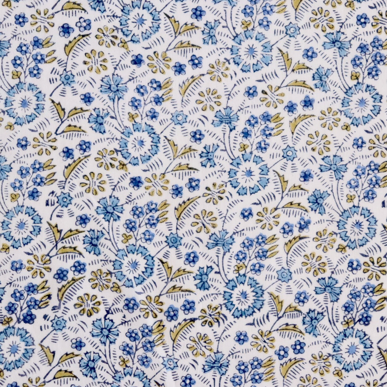 retro style small blue and white floral block print cotton fabric for quilting and dressmaking
