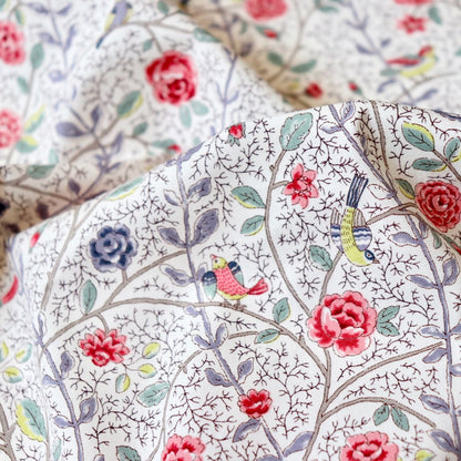 white cotton fabric with printed birds and roses made in Japan