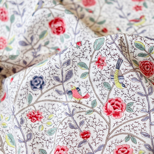 white cotton fabric with printed birds and roses made in Japan