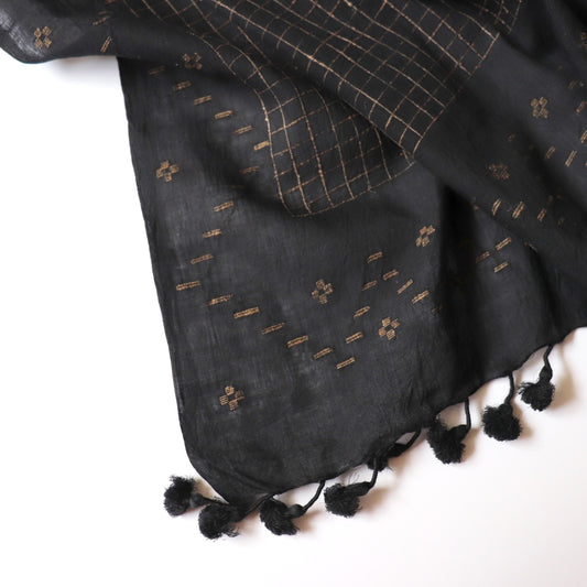 black handwoven cotton scarf with undyed ketia silk and jamdani weave