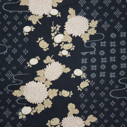 chrysanthemum and tachibana print cotton dobby fabric from Japan black and beige flowers
