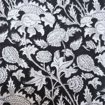 black and white large floral print cotton fabric hand block printed in India