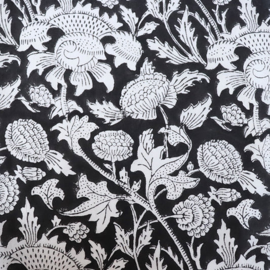 black and white large floral print cotton fabric hand block printed in India