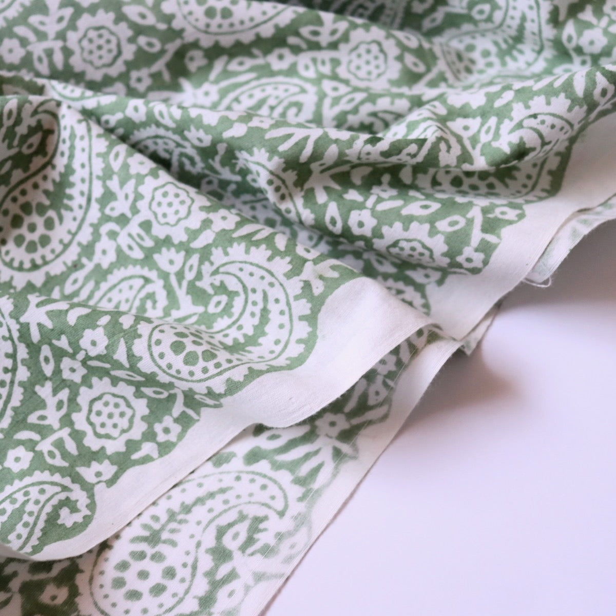 Moss Green Paisley Block Print Cotton