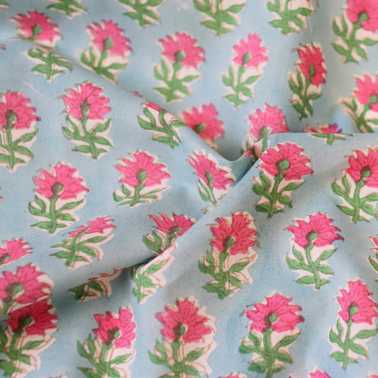 pink and blue floral hand block printed cotton fabric for sewing and quilting