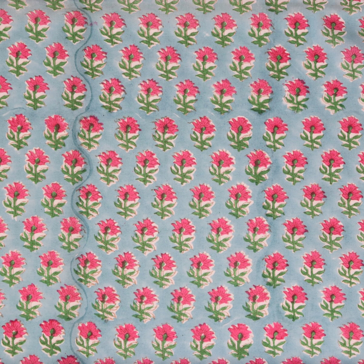 pink and blue floral hand block printed cotton fabric for sewing and quilting