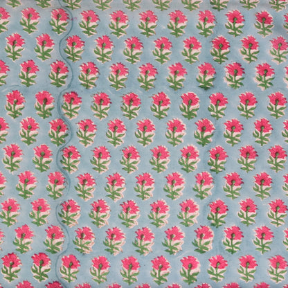 pink and blue floral hand block printed cotton fabric for sewing and quilting