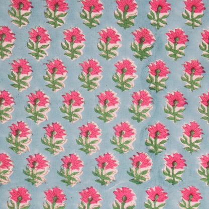 pink and blue floral hand block printed cotton fabric for sewing and quilting