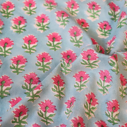 pink and blue floral hand block printed cotton fabric for sewing and quilting