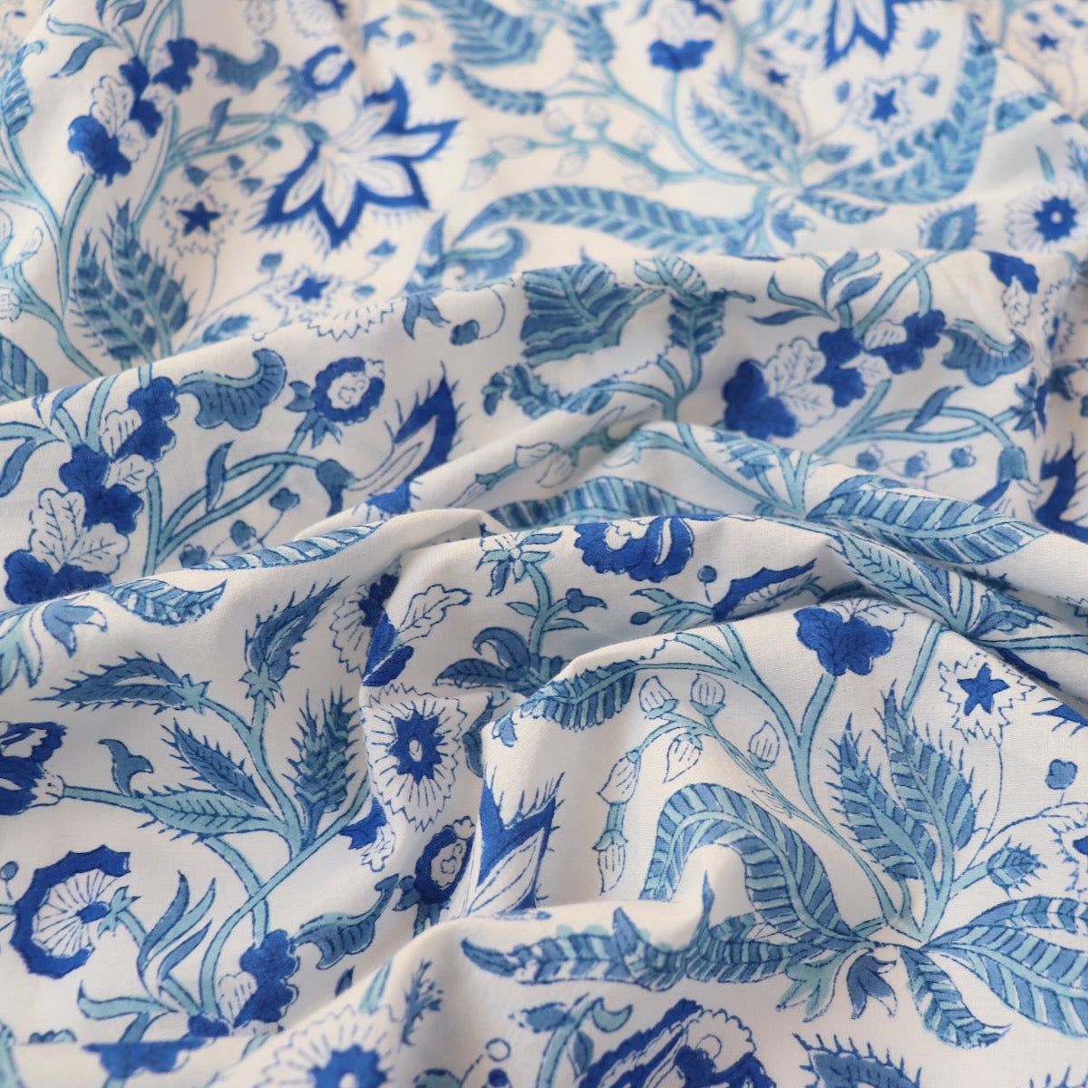 classic blue and white floral hand block print fabric silky cotton by the yard