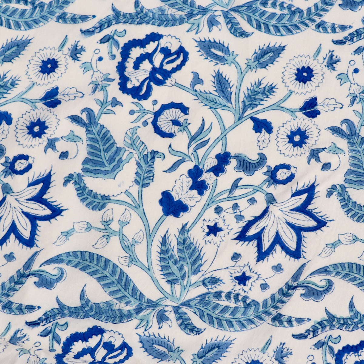 classic blue and white floral hand block print fabric silky cotton by the yard